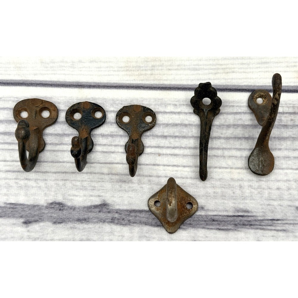 LOT OF 6 ANTIQUE SALVAGED COAT HOOKS - ASSORTED SIZES